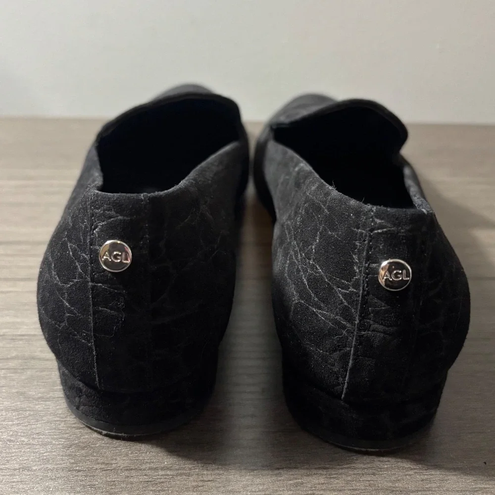 AGL Made in Italy Loafer Black Suede Leather Crocodile-Embossed Size EUR 40 US 9